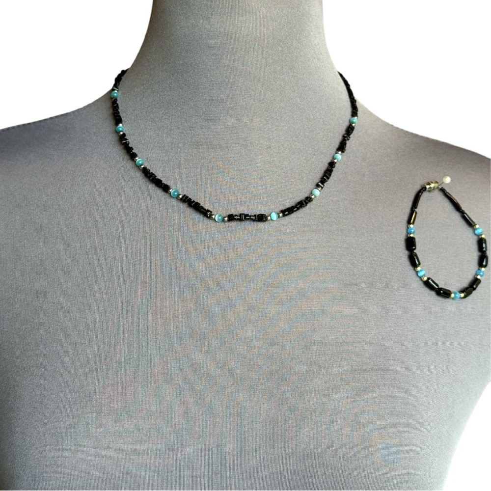 Vintage Black, Turquoise Cats-eye and Sterling Silver necklace/ bracelet SET
